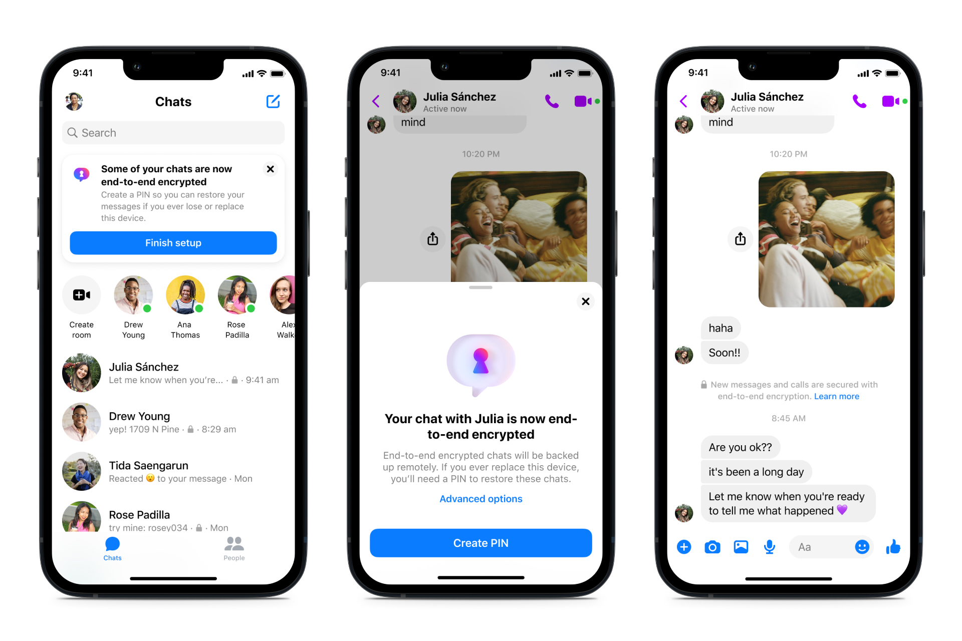 iPhone screens showing Messenger chats that are end-to-end encrypted.